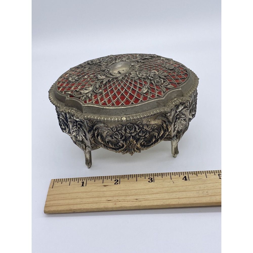 Vintage Japan Filagree‎ Metal Trinket Jewelry Box With Roses & Red Fabric Lining